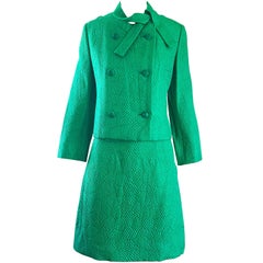 Chic 1960s Kelly Green Quilted Silk Dress and Cropped Jacket Vintage 60s Set