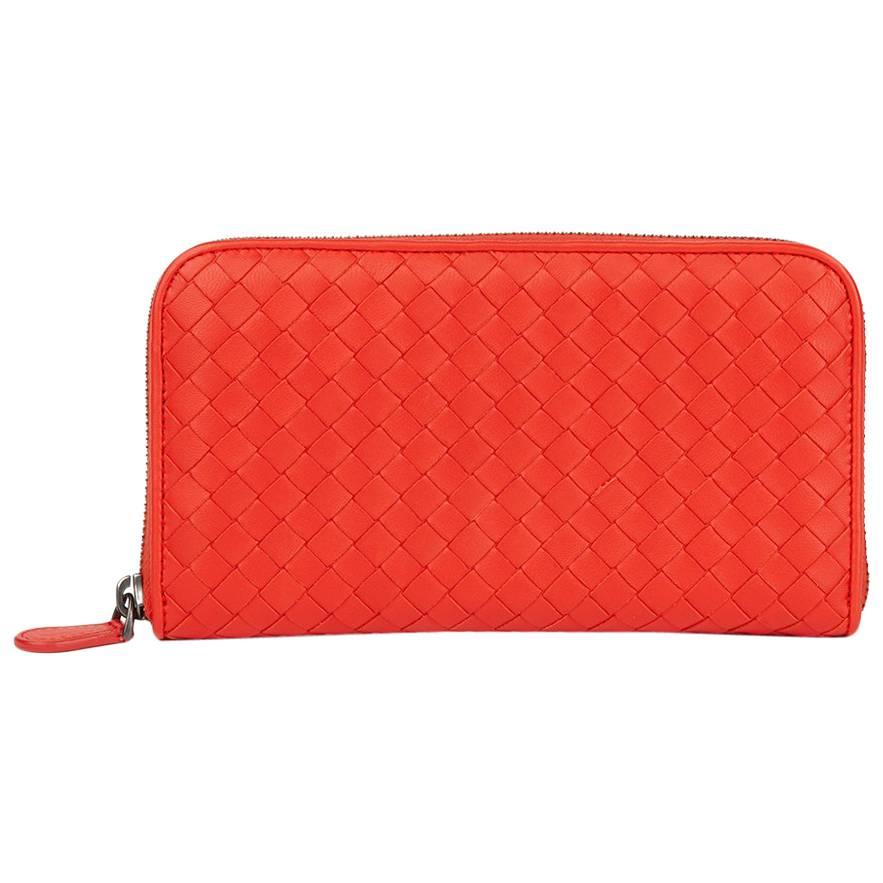 2015 Bottega Veneta Vesuvius Red Woven Calfskin Leather Zip Around Wallet 