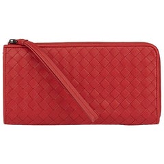 2010's Bottega Veneta China Red Woven Calfskin Leather Zip Around Wallet