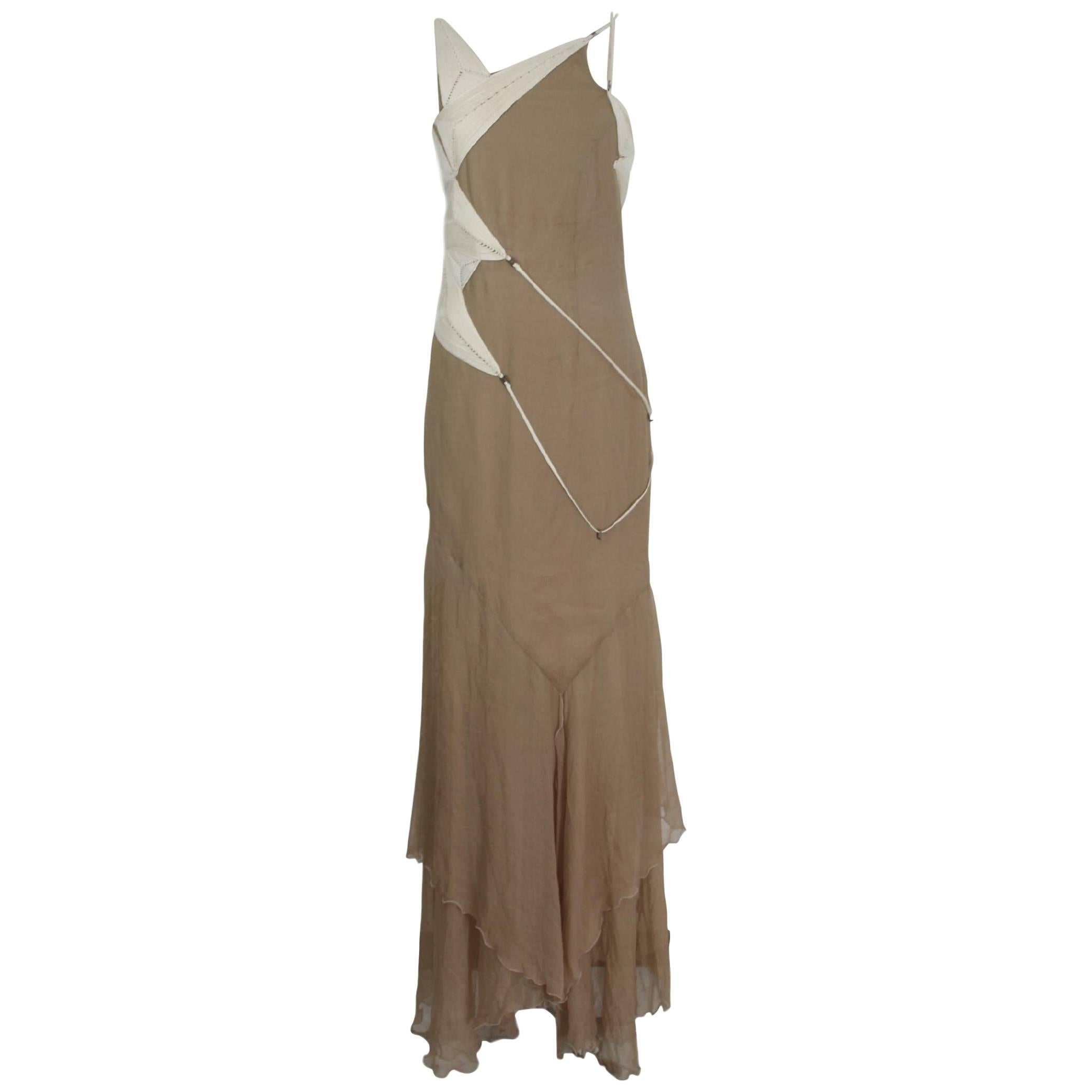 Angelo Mozzillo Beige Silk Long Maxi Evening Italian Dress, 1990s For Sale