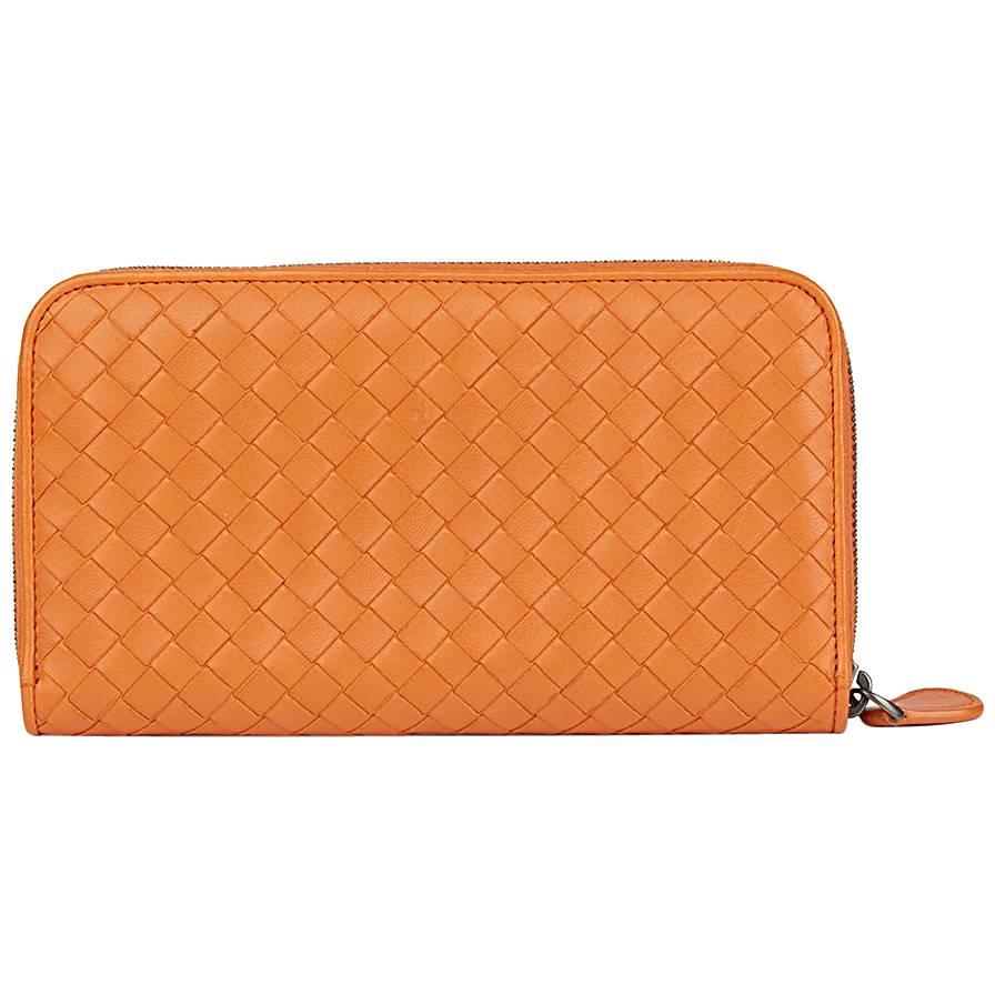 2015 Bottega Veneta Orange Woven Calfskin Leather Zip Around Wallet