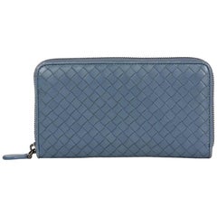 2015 Bottega Veneta Light Tourmaline Woven Calfskin Leather Zip Around Wallet