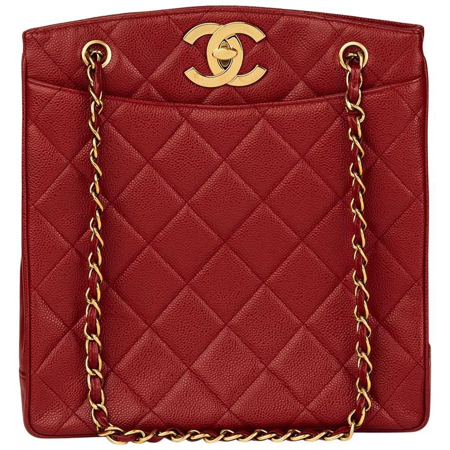 1990 Chanel Red Quilted Caviar Leather Vintage Shoulder Bag