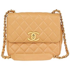 1996 Chanel Beige Quilted Caviar Leather Vintage XL Classic Single Flap Bag