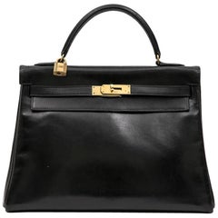 HERMES Vintage Kelly 32 in Black Box Leather