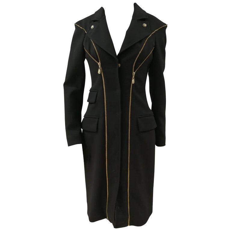 Versace Black Wool Gold Tone Zip Coat, Gold Trench Coat Zip