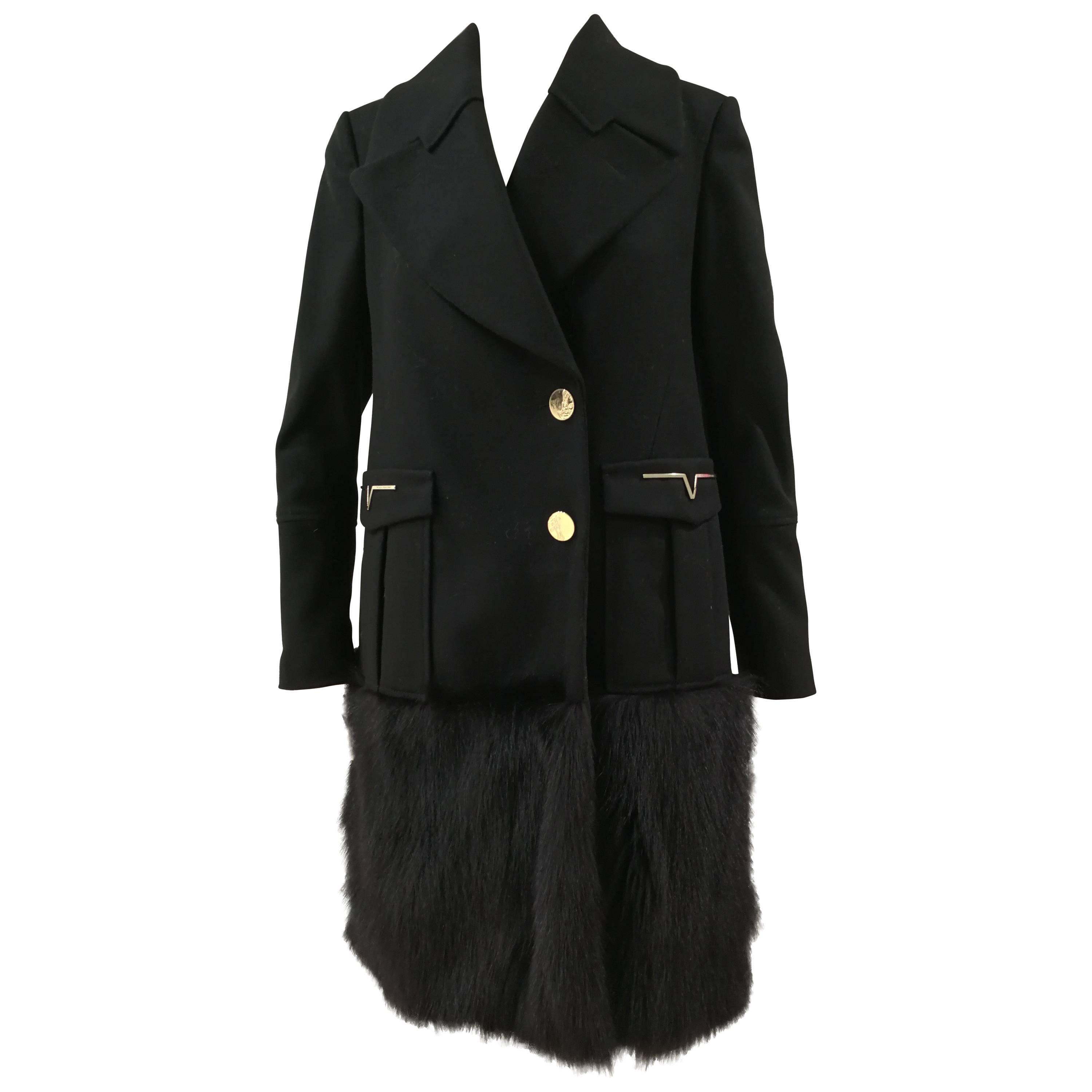 Versace Collection Black Wool and Fox Coat