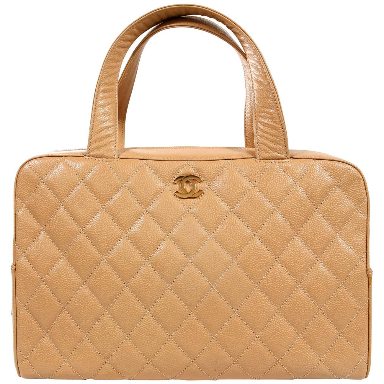 Chanel Beige Caviar Leather Quilted Day Bag Satchel