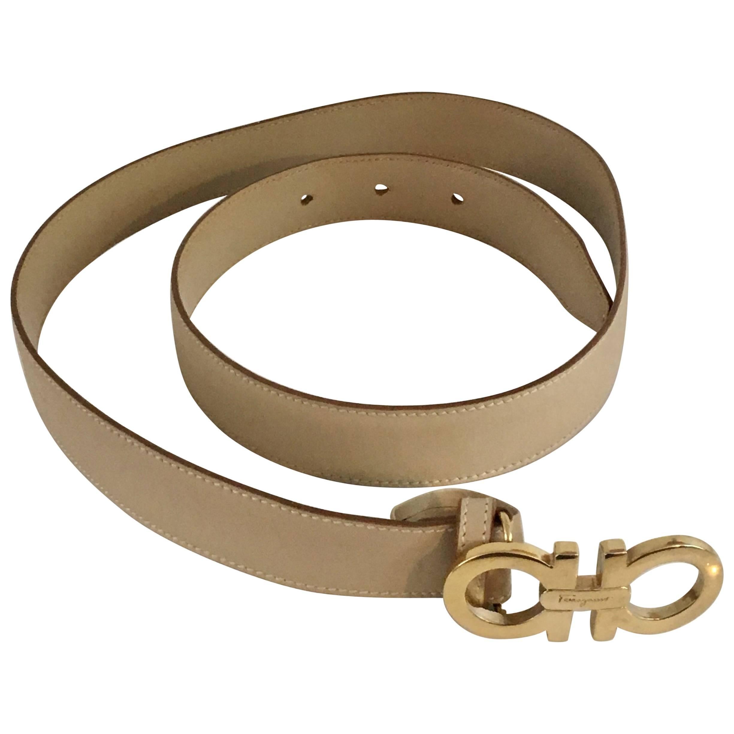 Ferragamo Tan Leather Belt Strap with Gold Logo Buckle  