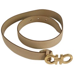 Ferragamo Tan Leather Belt Strap with Gold Logo Buckle  