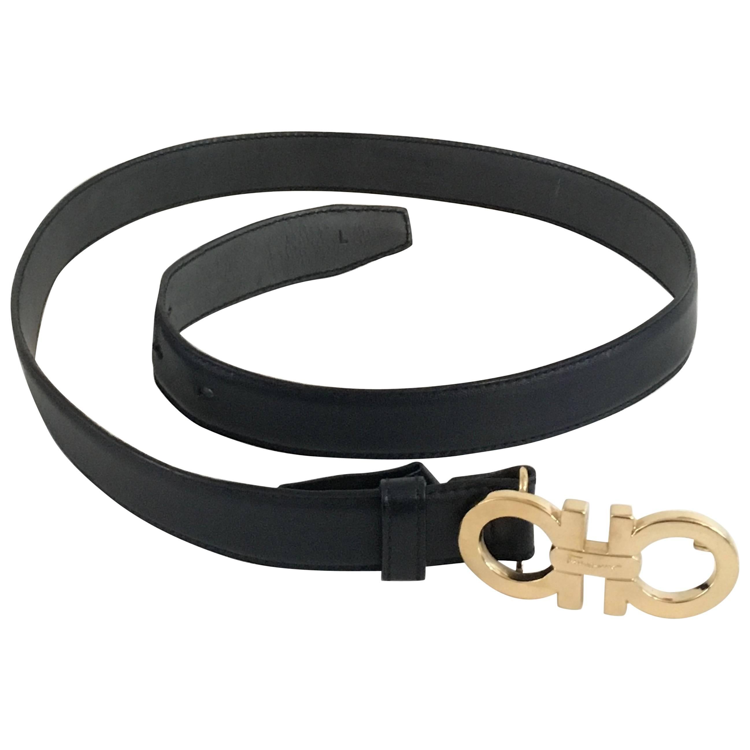 Ferragamo Black Leather Gold Logo Buckle Belt 