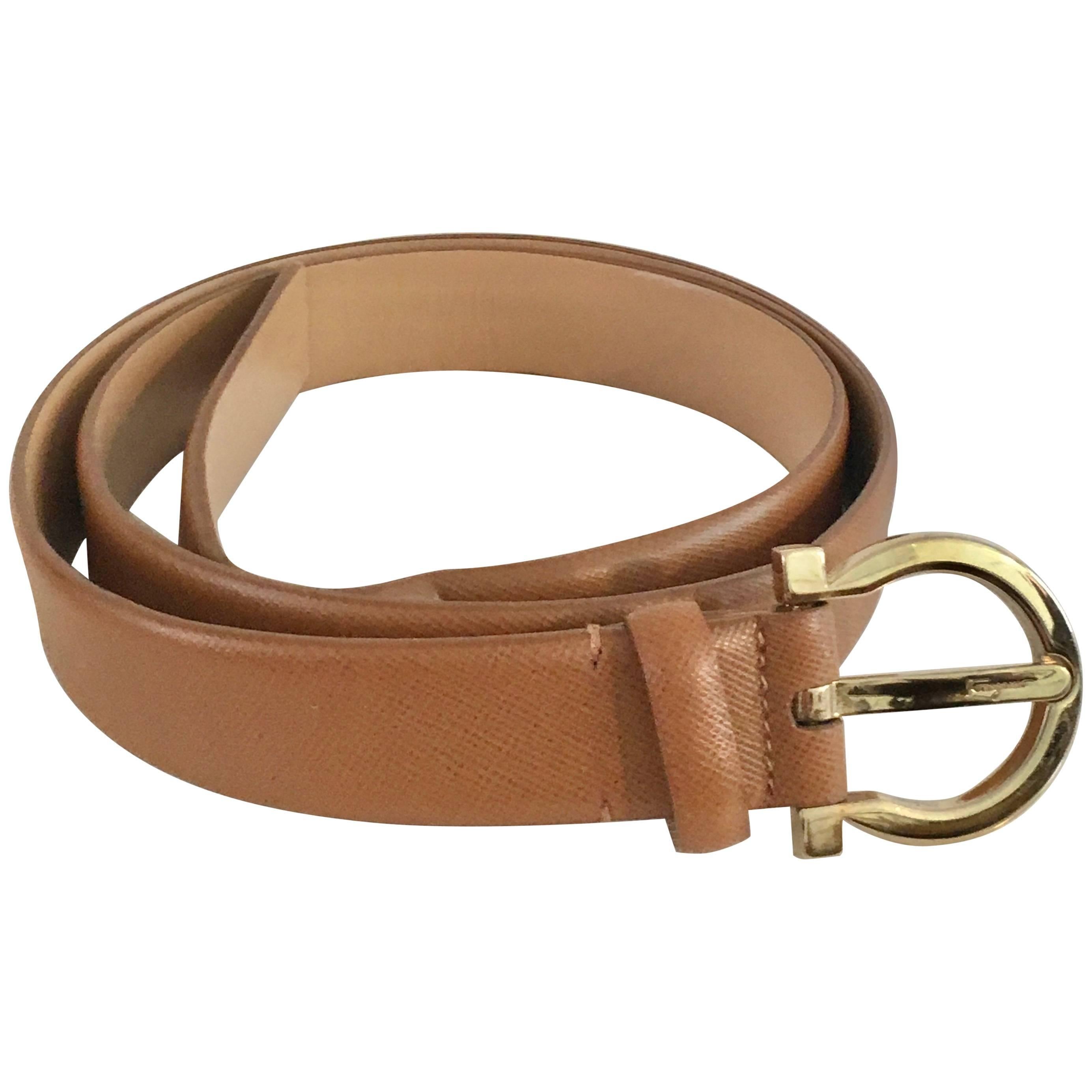Ferragamo Tan Italian Leather Belt with Gold Logo Buckle  For Sale