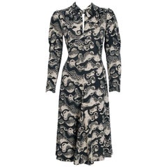 Vintage 1974 Ossie Clark Novelty Serpent Snake Celia Birtwell Print Crepe Tie-Belt Dress