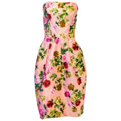Vintage 1950s Strapless Pink Silk Floral Rose Cocktail Dress