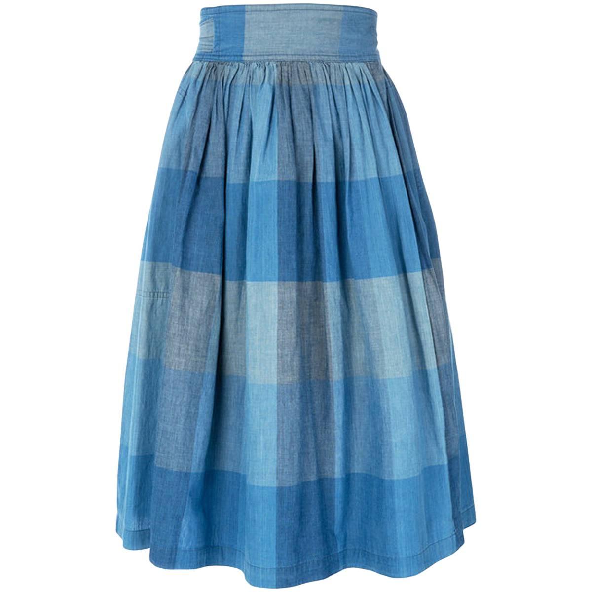 Issey Miyake Blue Cotton Check Skirt 