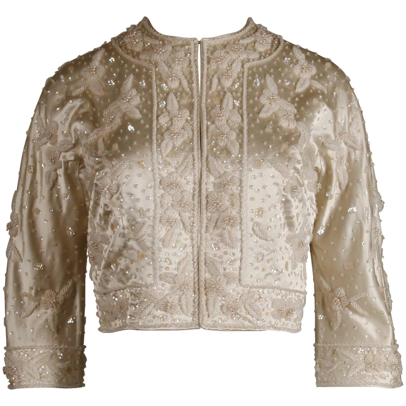1960s Vintage Metallic Sequin + Beaded Ivory White Silk Satin 3/4 Sleeve Jacket