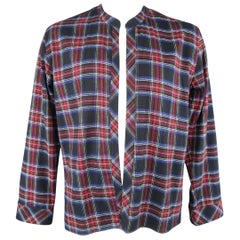 Men's VISVIM Size L Black Red & Blue Plaid Flannel Open Band Collar Shirt