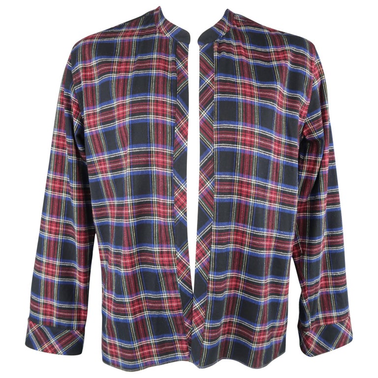 Men's VISVIM Size L Black Red and Blue Plaid Flannel Open Band Collar Shirt at 1stDibs visvim