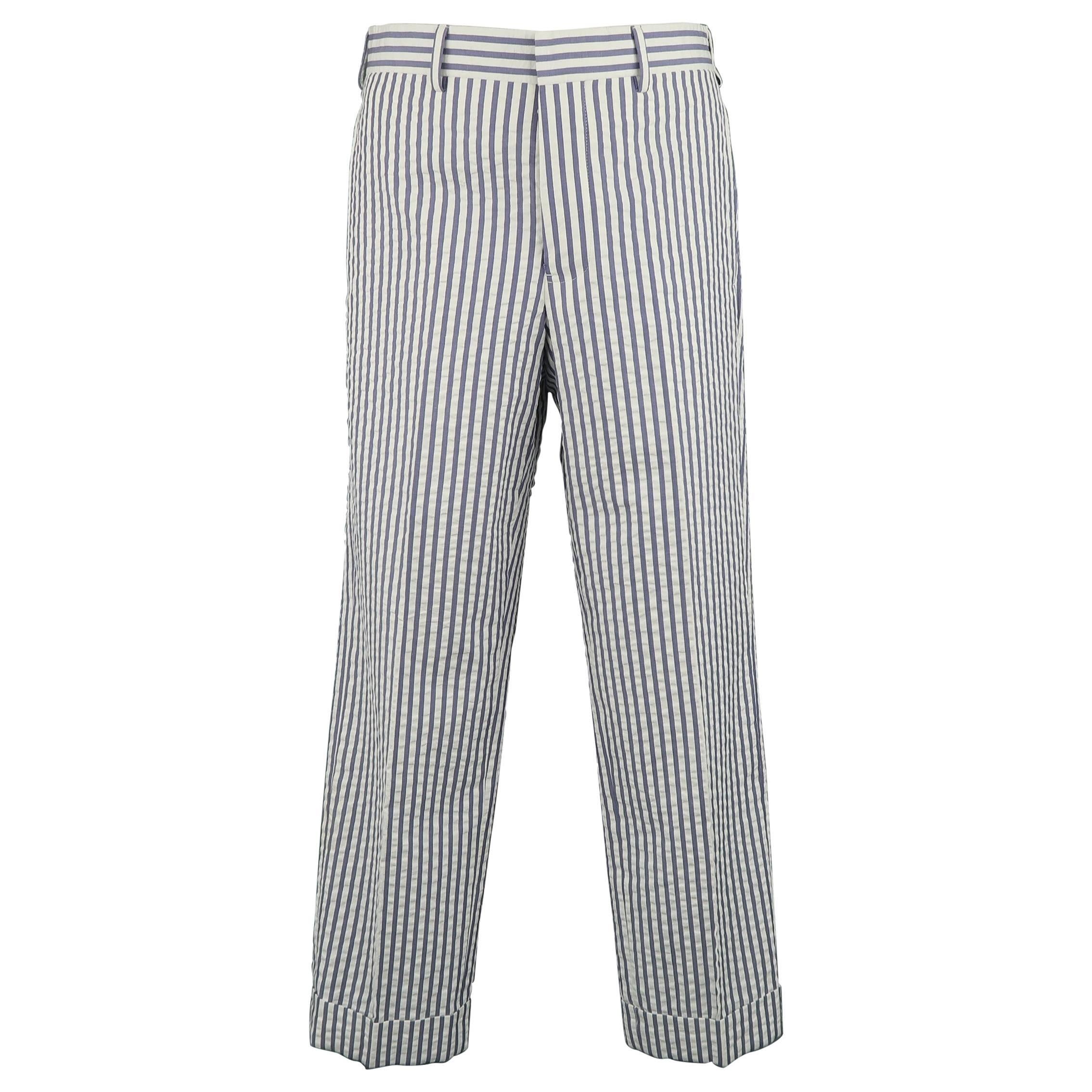 Men's BLACK FLEECE Size 30 White & Blue Stripe Textured Cotton Cuffed Pants