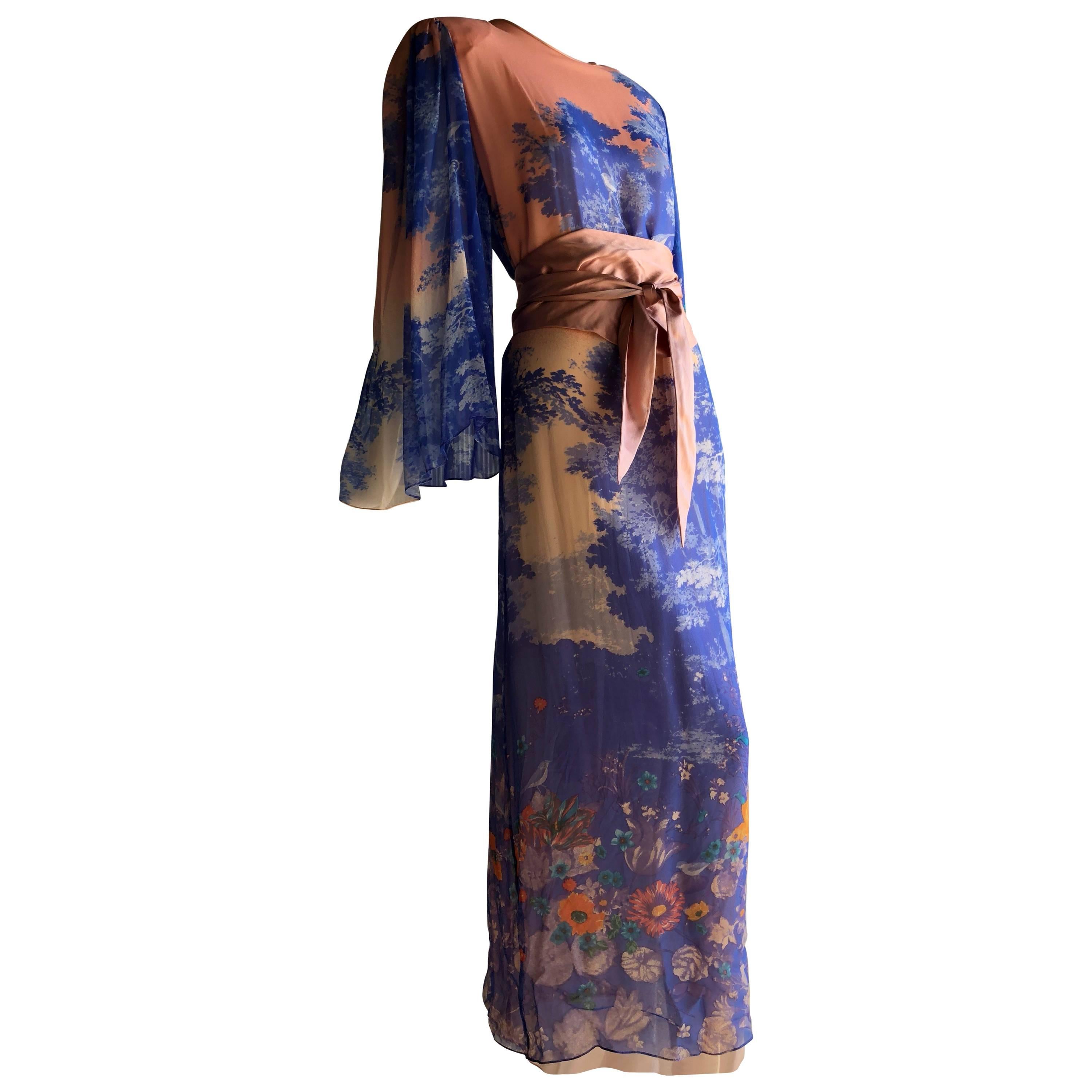 Hanae Mori Printed Silk Chiffon Maxi Dress With Japanese Meadow Print, 1970s 