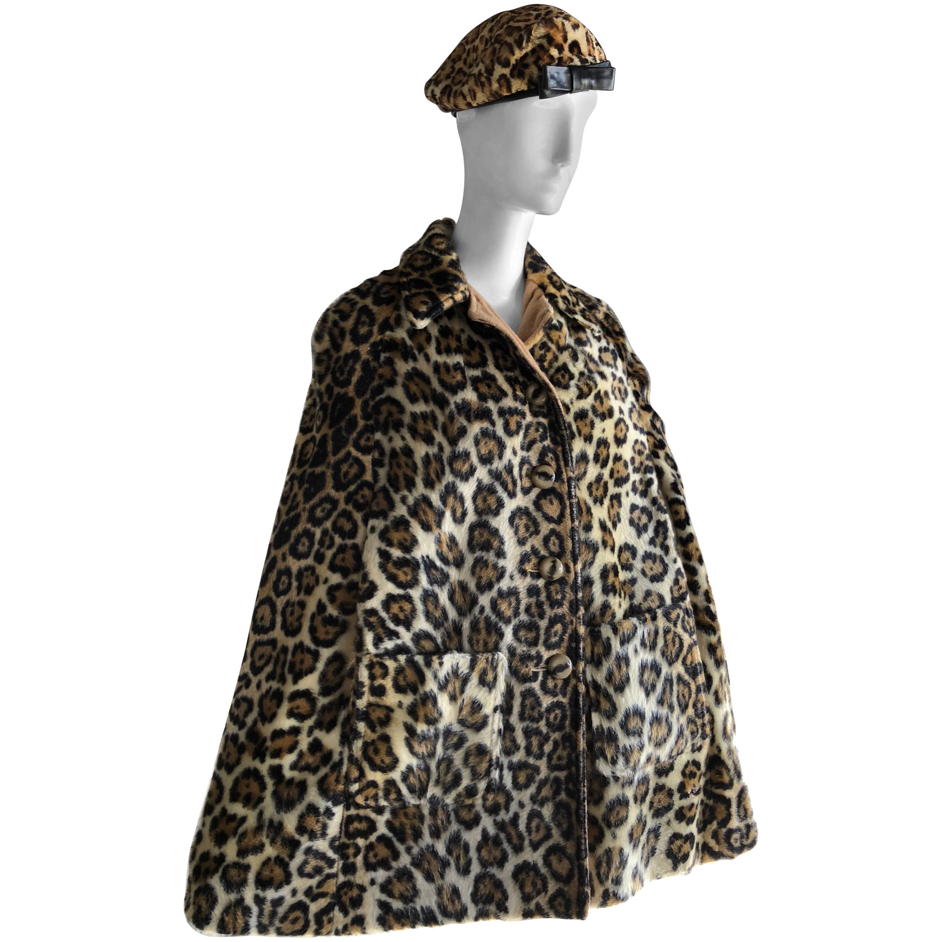 Faux Fur Leopard Print Reversible Swing Cape and Leopard Beret, 1960s