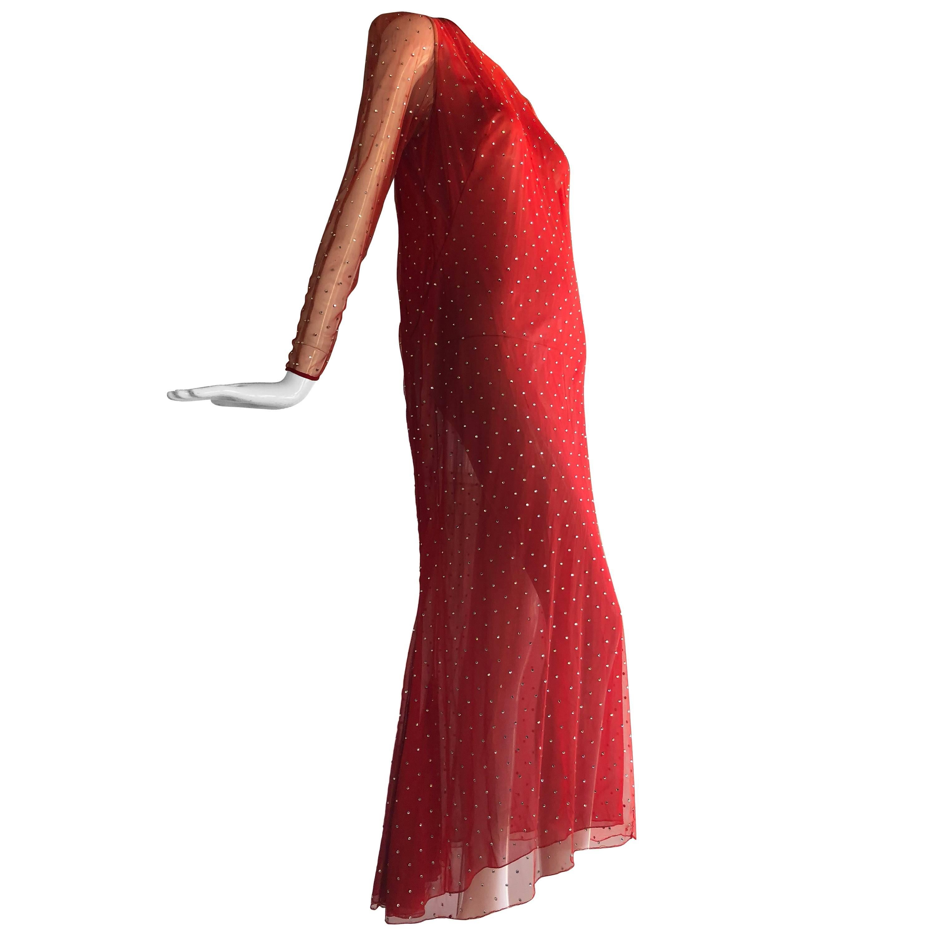 1980s Pauline Trigere Rhinestone Studded Red Net Evening Gown W/ Fishtail Hem