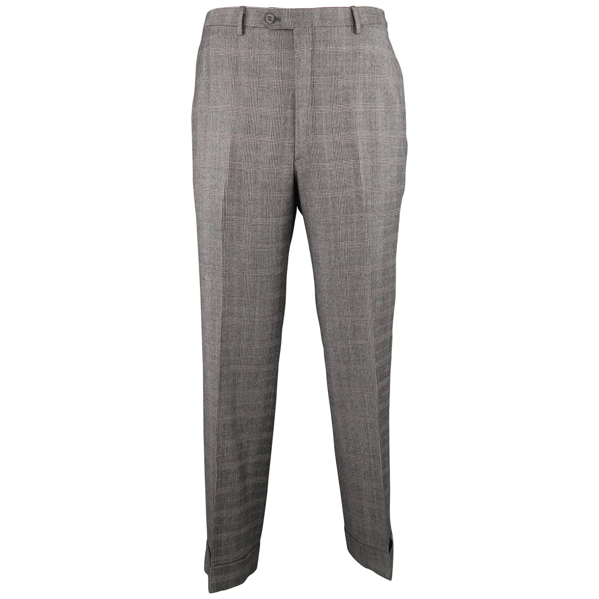 Men's BRIONI Size 34 Grey Glenplaid Wool Blend Flat Front Cuffed Dress Pants