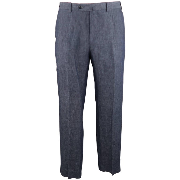Men's ERMENEGILDO ZEGNA Size 34 Navy Blue Linen Flat Front Dress Pants