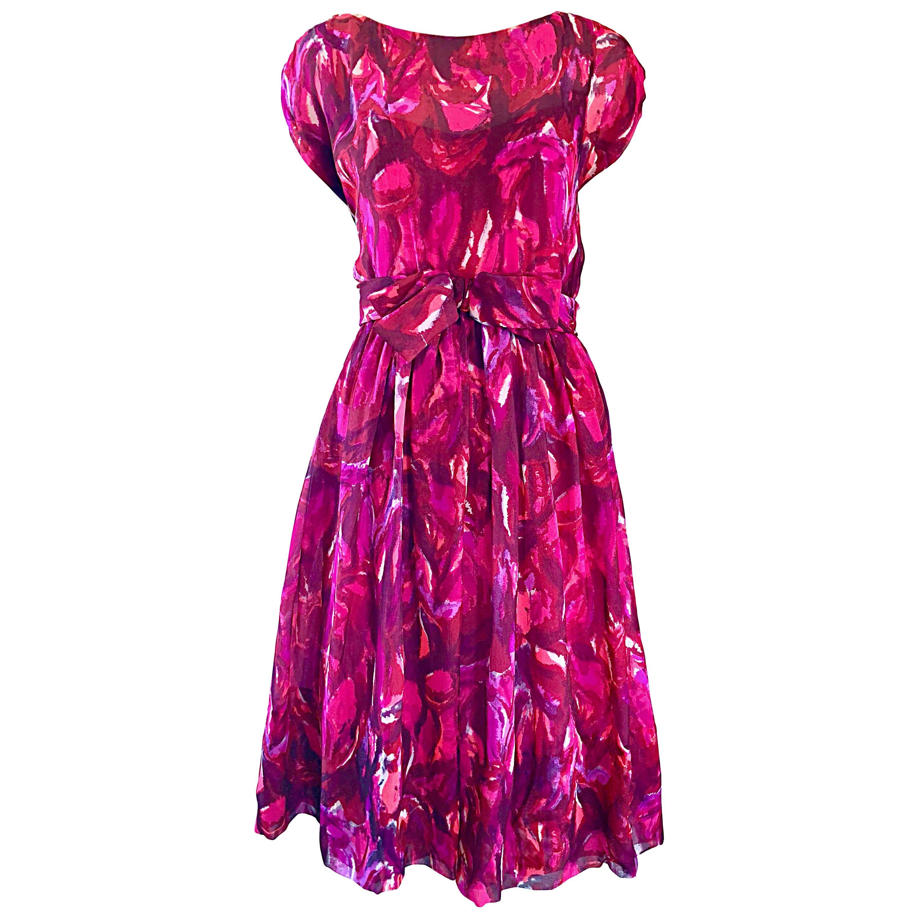 1950s Werle of Beverly Hills Demi Couture Pink + Fuchsia Silk Chiffon 50s Dress For Sale