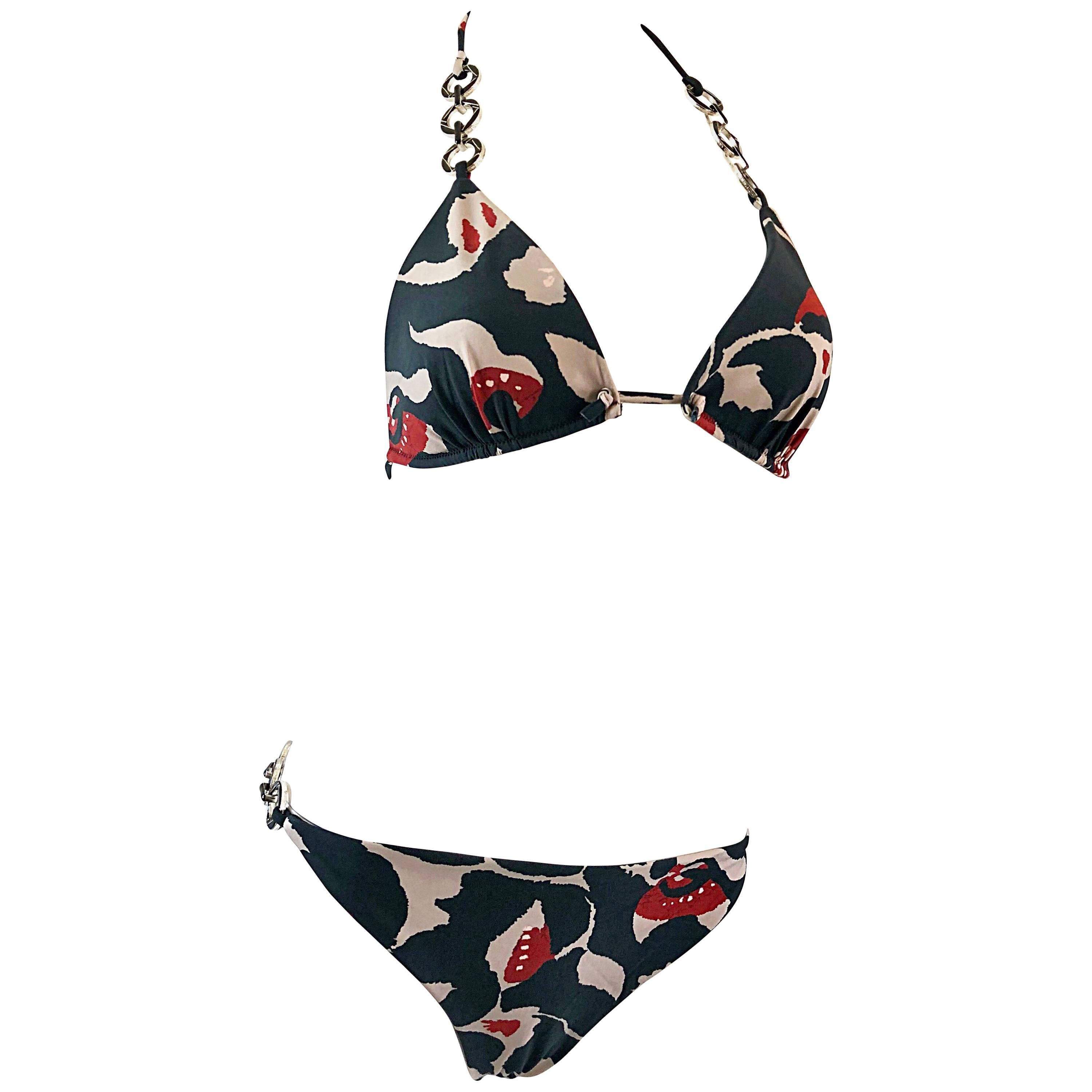 Oscar de la Renta Bikini-Badeanzug mit Batikmuster und Kettengliedern, neu mit Preisschildern, Größe Large