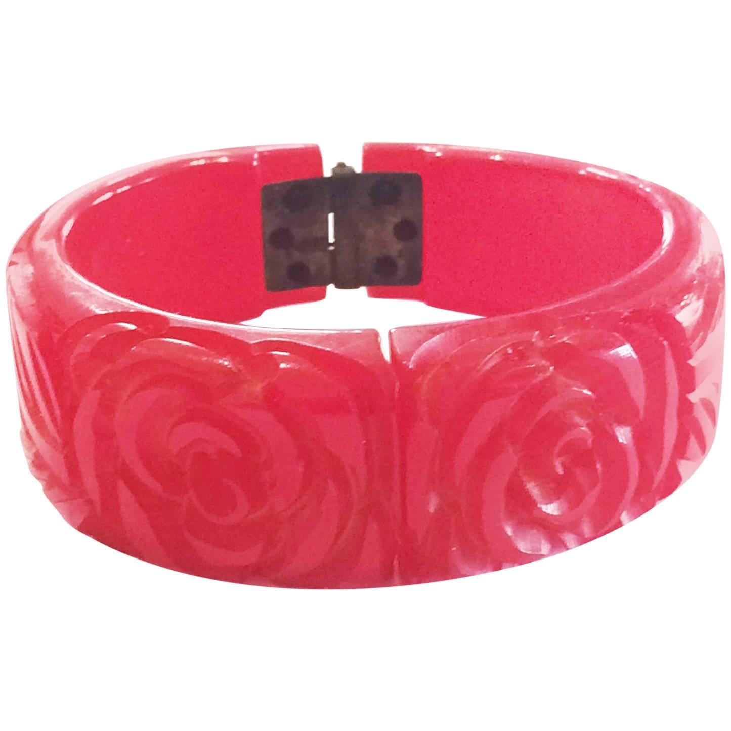 Art Deco heavily carved red clamper hinged bangle bracelet