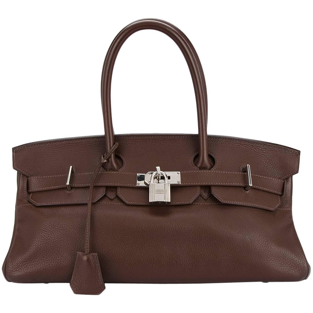 Hermes Birkin Chocolate Brown Leather Palladium Top Handle Satchel Flap Bag