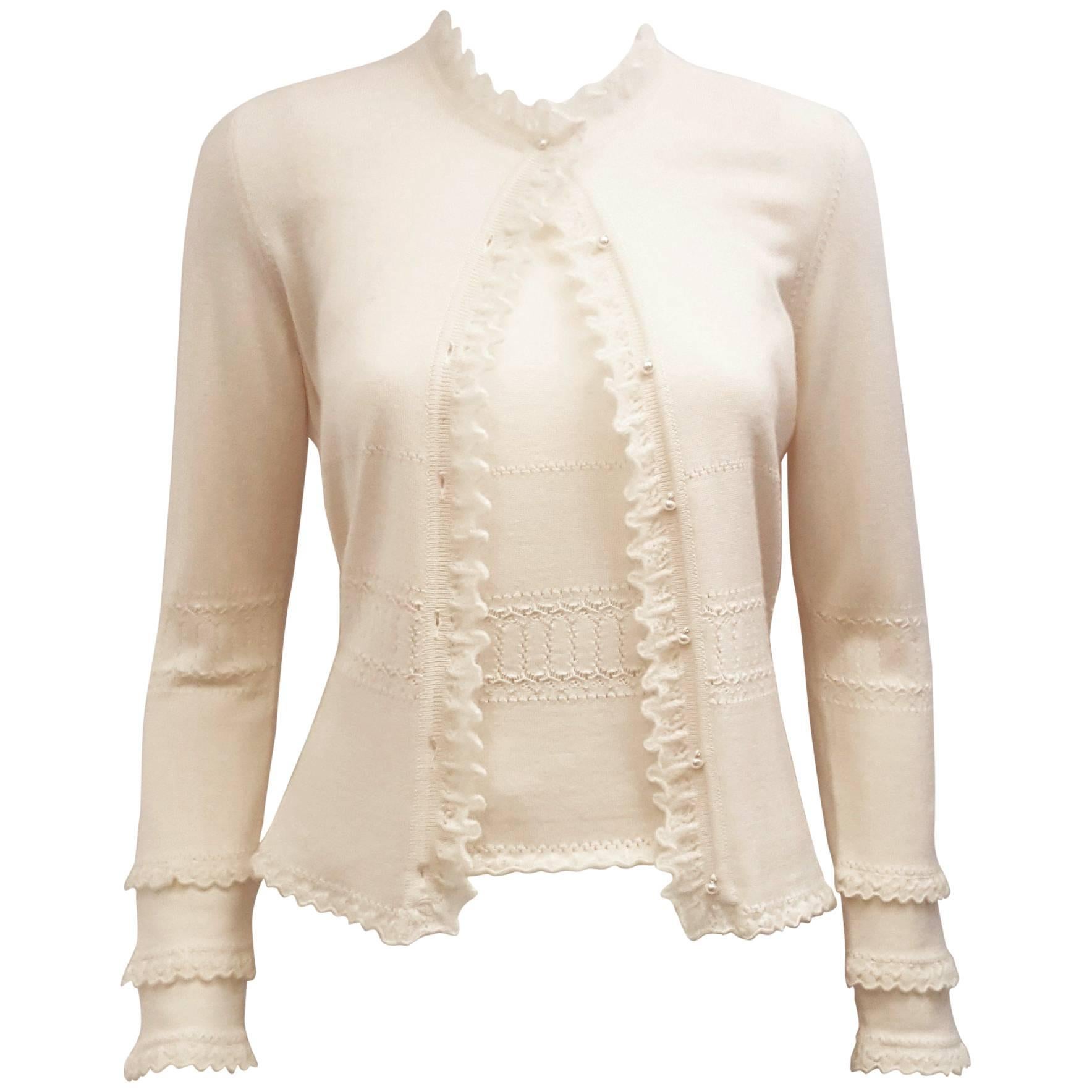 Oscar de la Renta Sweater Set w/ Faux Pearl Buttons & Ruffles Size Medium