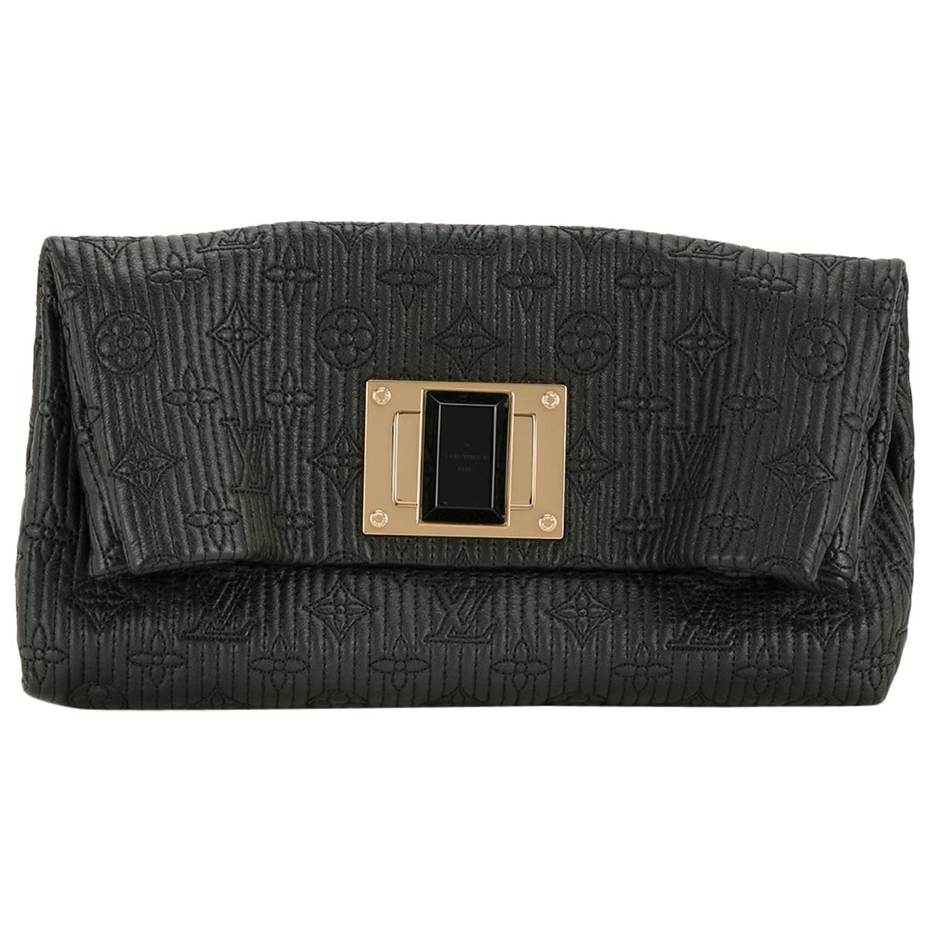 Louis Vuitton Black Leather Monogram Gold Turnlock Foldover Evening Clutch Bag