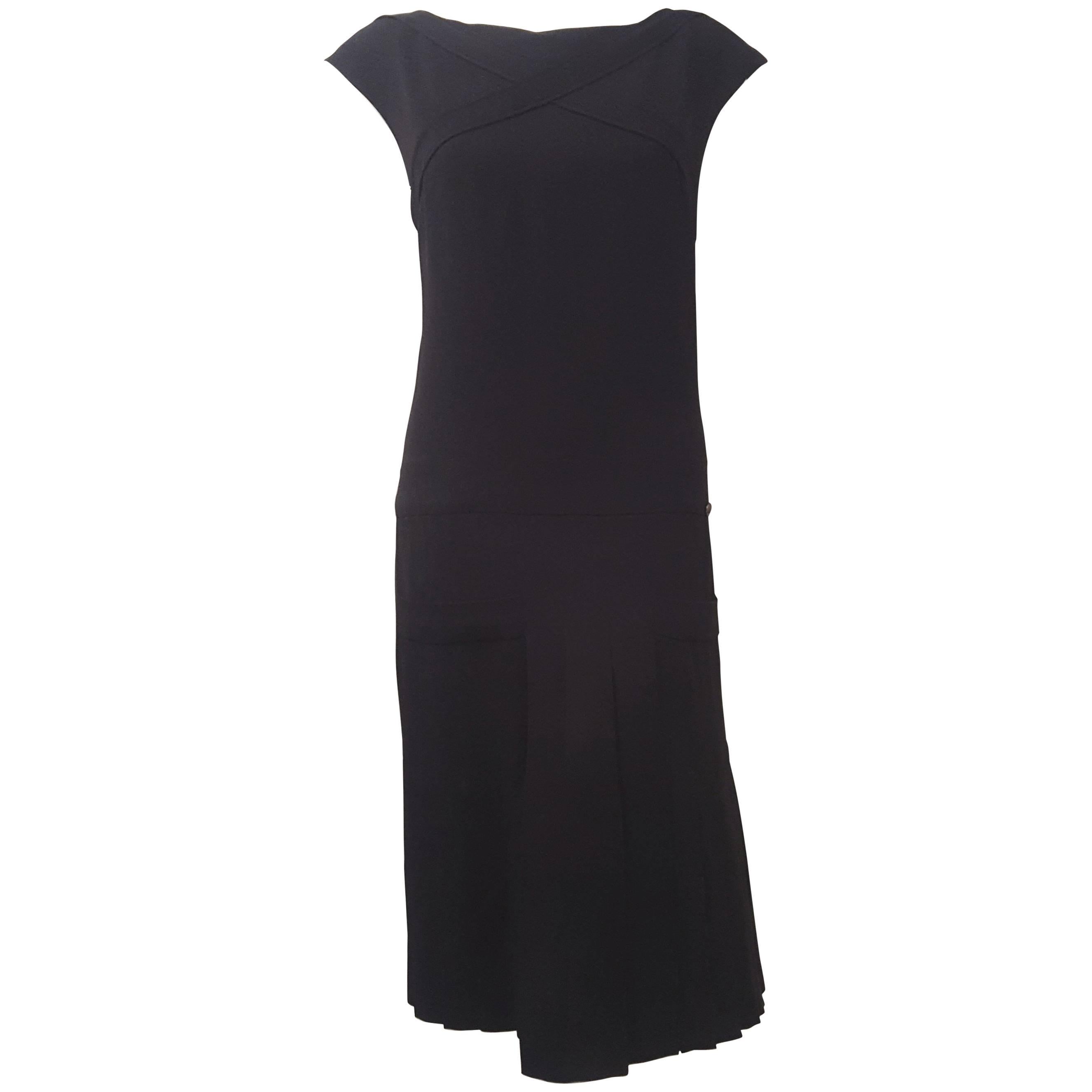 Classy Chanel Black Silk Dress with Drop Waist Crisscross Detail at Neckline For Sale