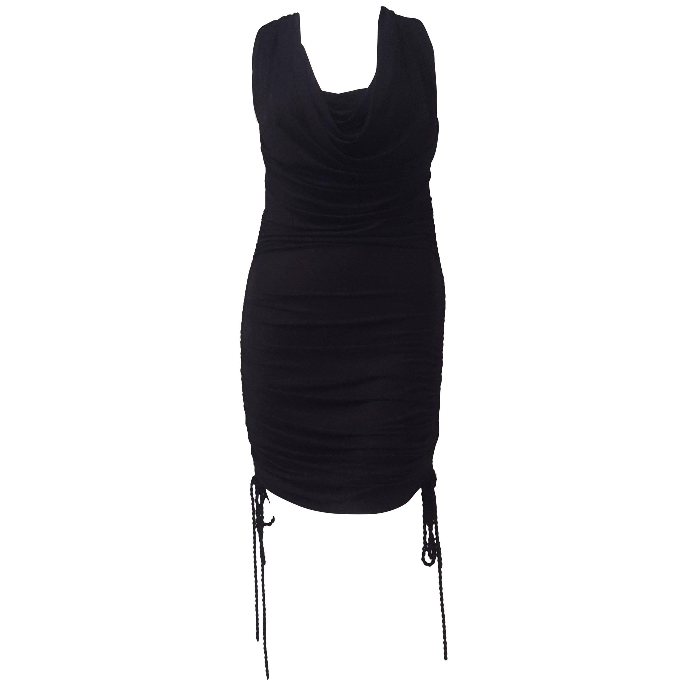 Roberto Cavalli Black Knit Viscose Gathered Dress with Low Scoop Collar For Sale