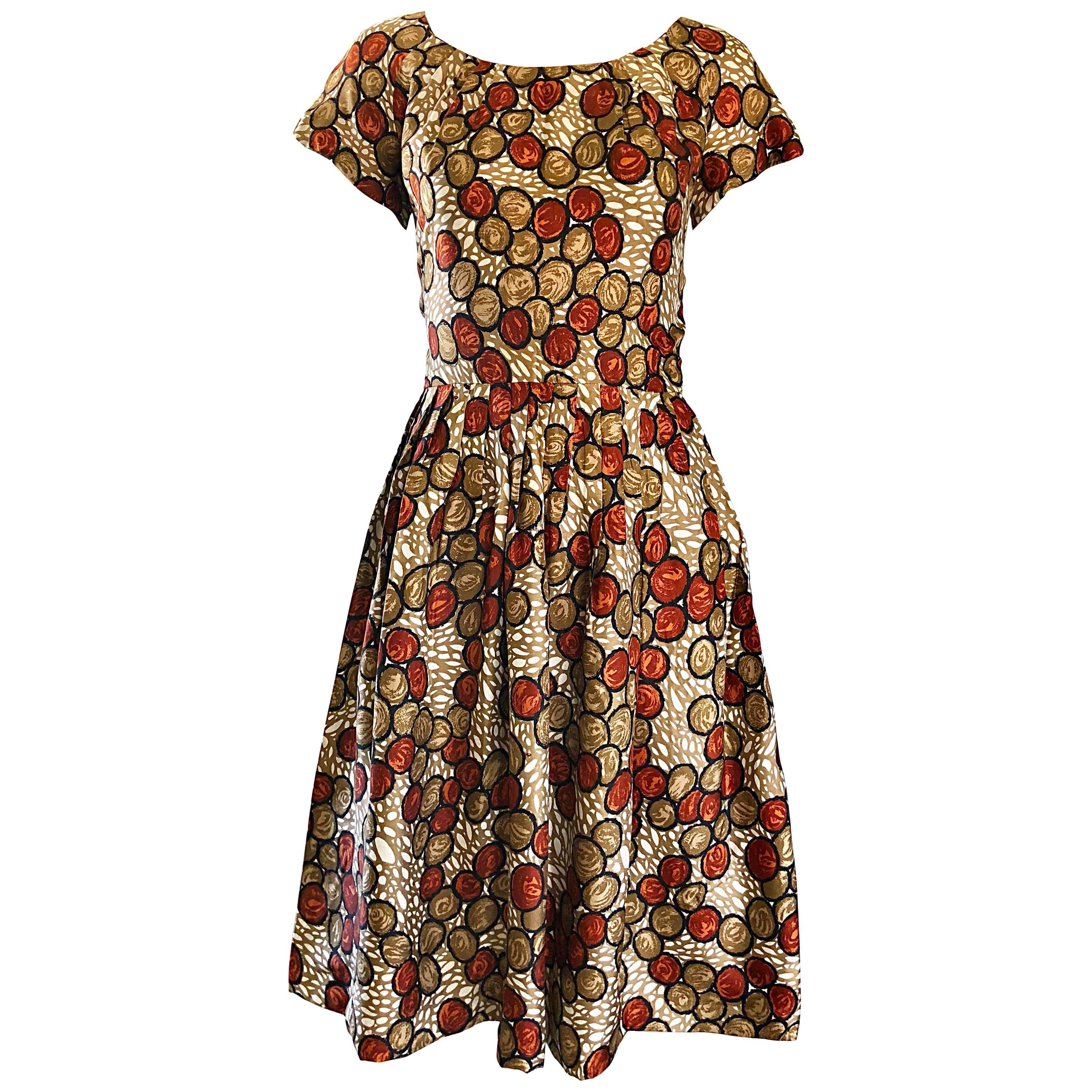 1950s Walnut Nut Print Fit n ' Flare Brown Beige Ivory Silk 50s Vintage Dress 