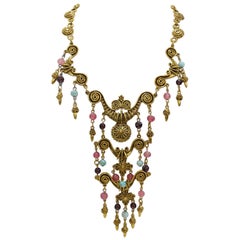 Vintage 1970's Artisan Made Brass Gemstone Necklace 