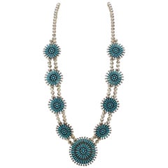 Vintage Zuni Turquoise Needle Point Squash Blossom Necklace 