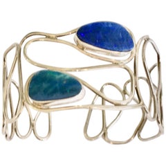 Contemporary Sterling 925 Silver & Blue Fire Opal Cuff Bracelet