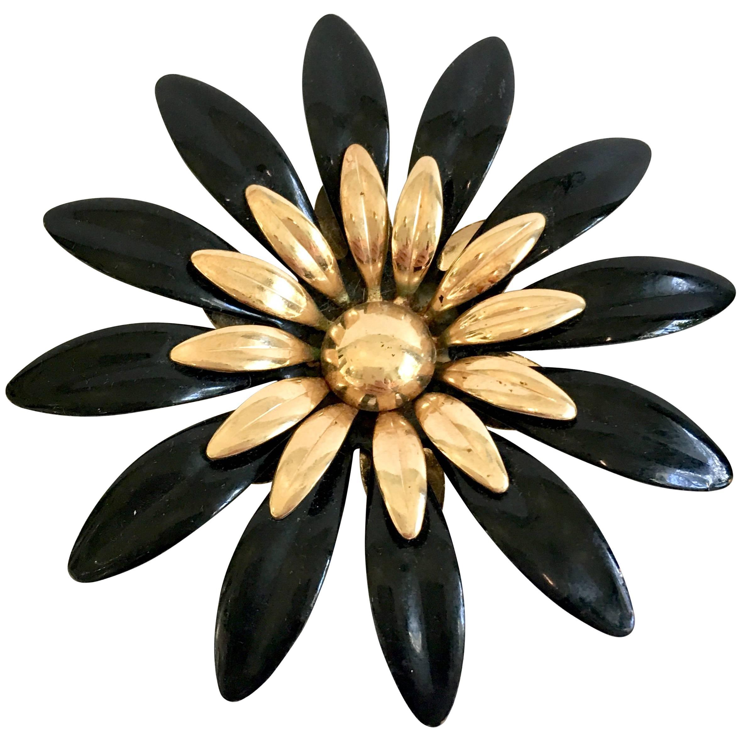 70'S Black Enamel & Gold Plate Flower Brooch By, Sarah Coventry