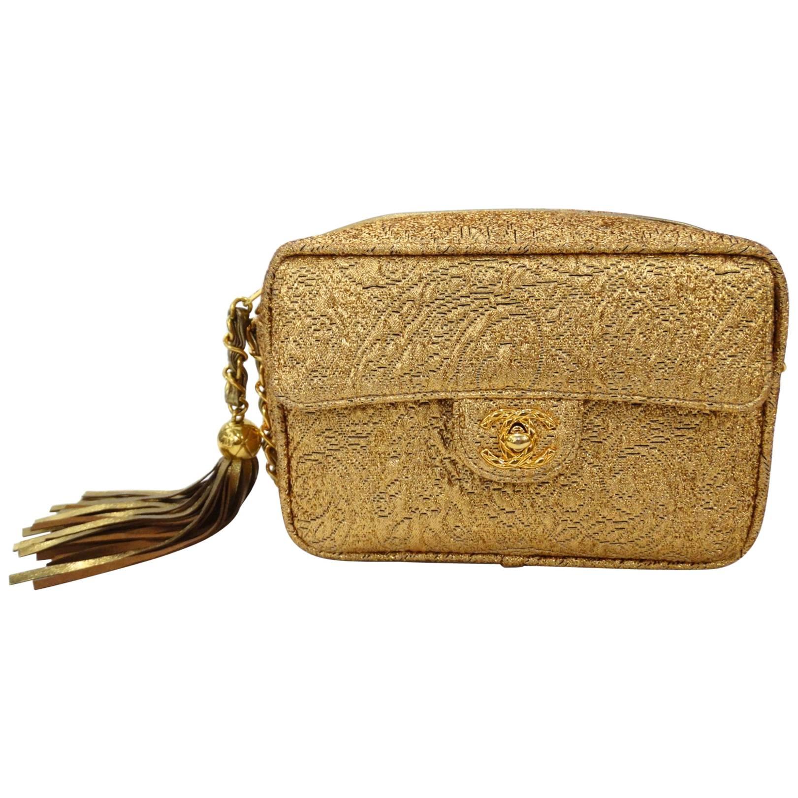 Chanel Gold Brocade Camera Bag with Tassel, 1990s 