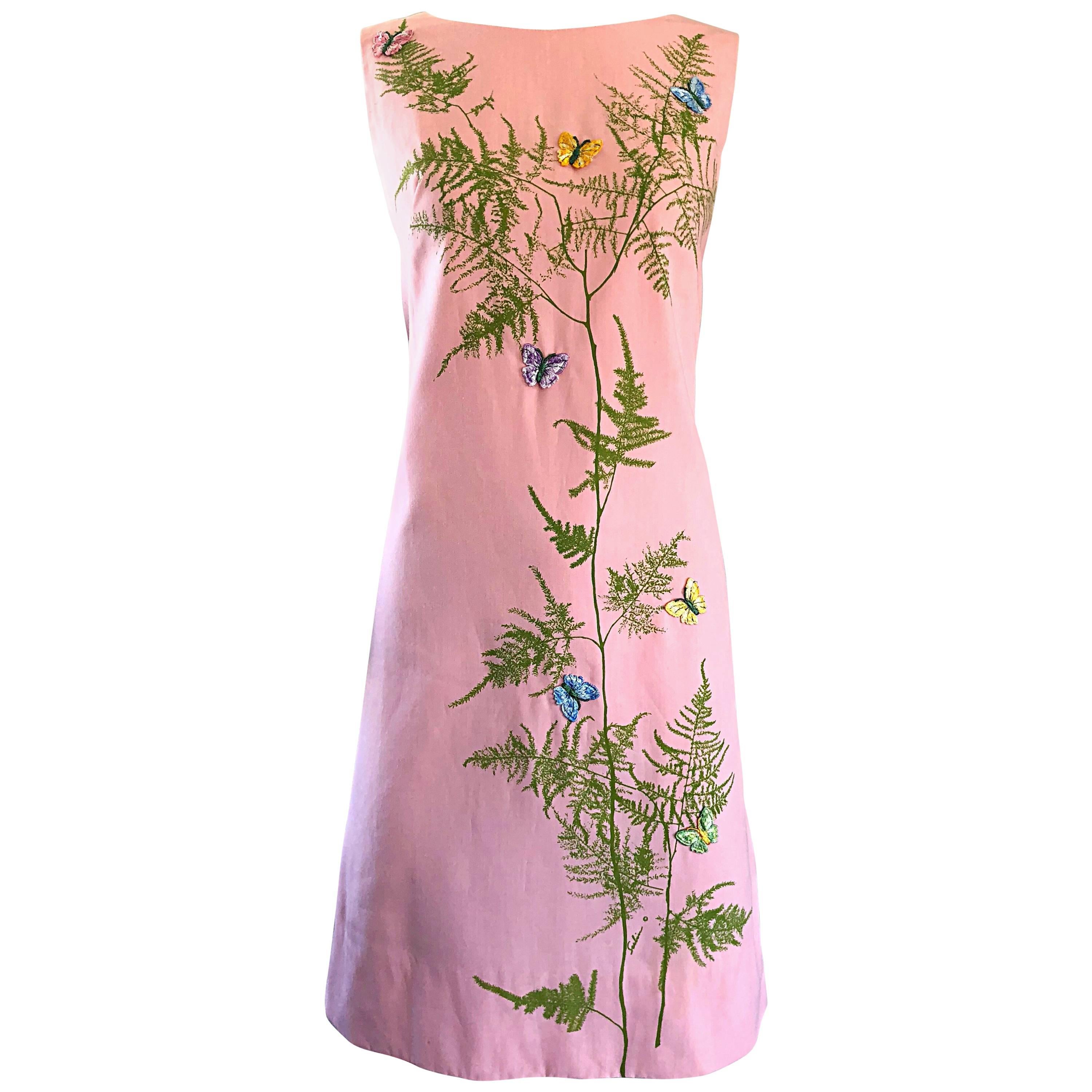 Chic 1960s Pale Pink Trees + Embrodiered Butterflies Novelty Vintage Shift Dress