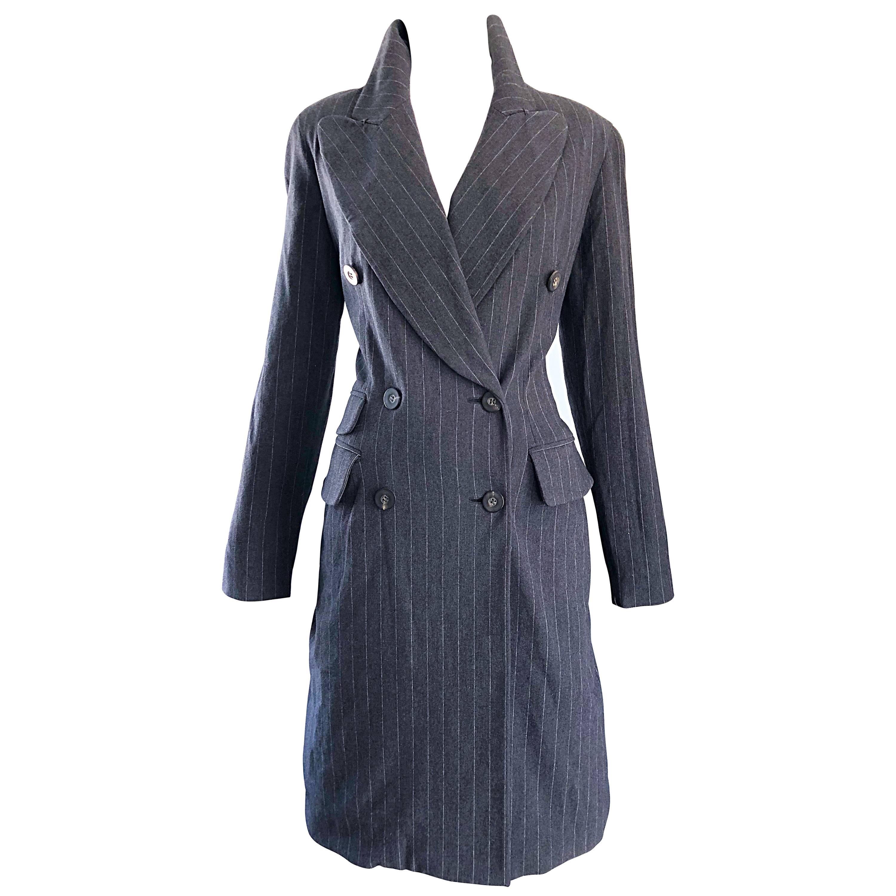 New 1990s Charles Chang Lima Size 10 Double Breasted Gray Pinstripe Wool Dress For Sale