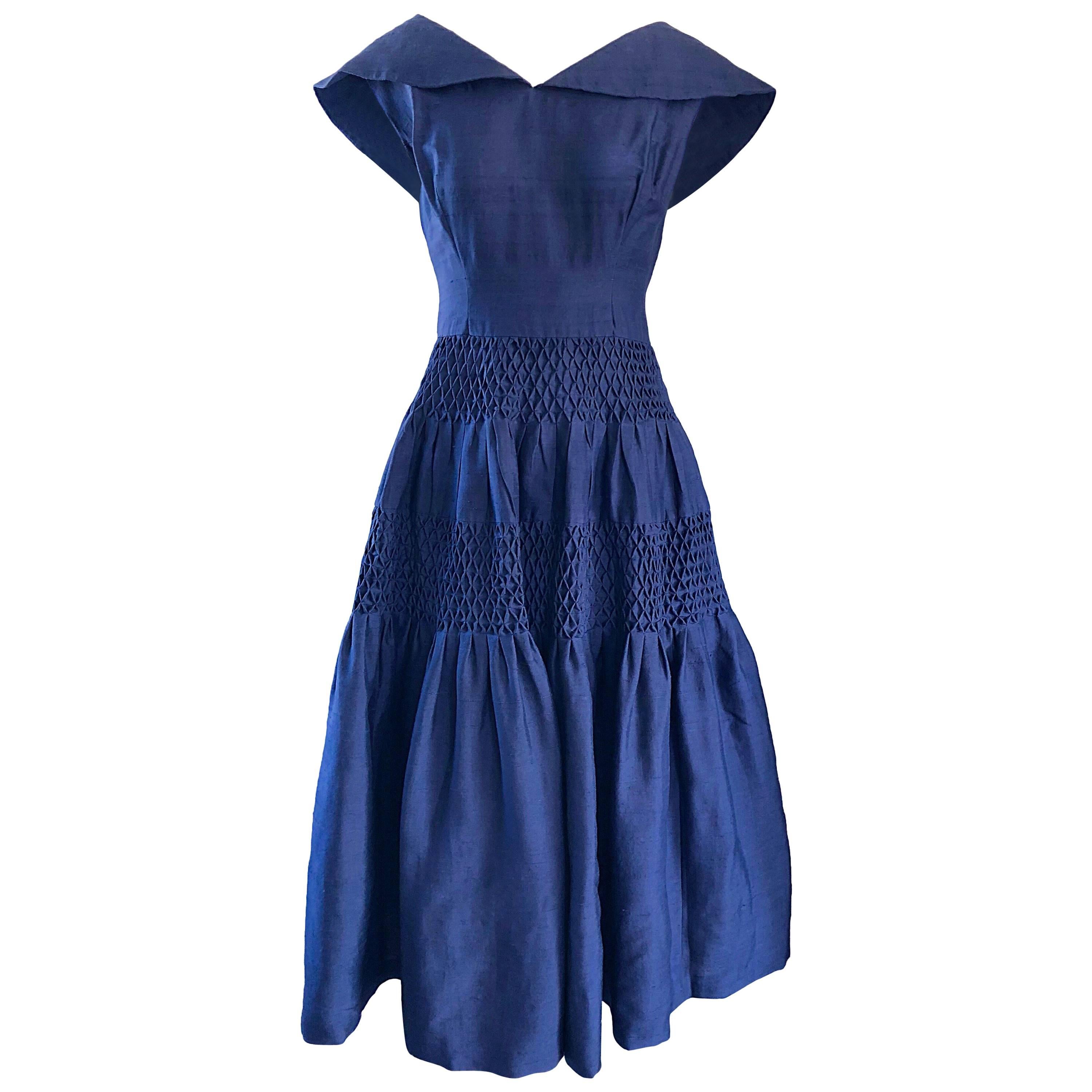 1950s Demi Couture Navy Blue Silk Shantung Vintage 50s Nautical Dress