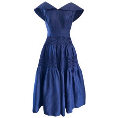 robe nautique Demi Couture des années 50:: bleu marine:: shantung de soie:: vintage des années 50