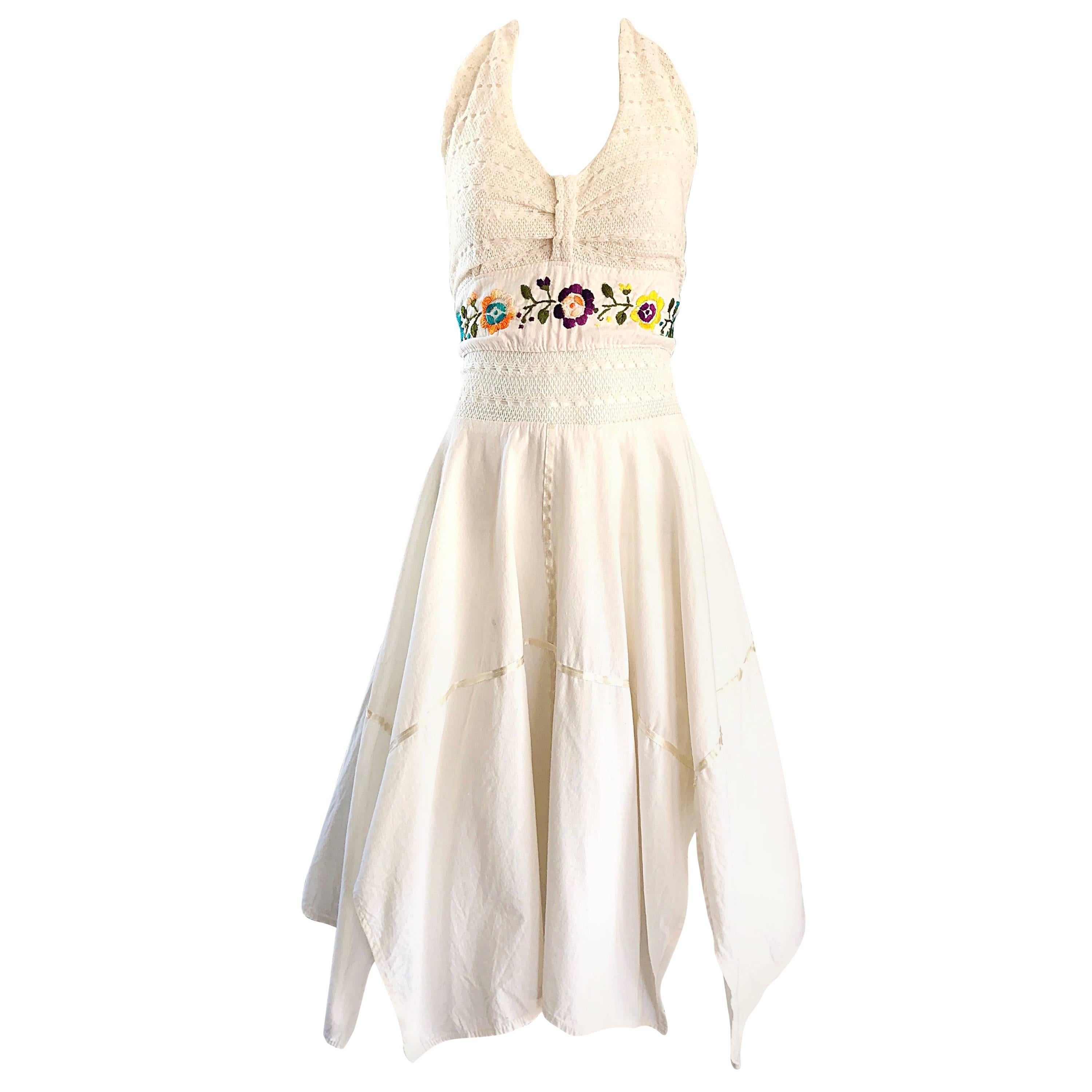 Amazing 1970s Ivory Cotton Embroidered Handkerchief Hem Vintage 70s Halter Dress