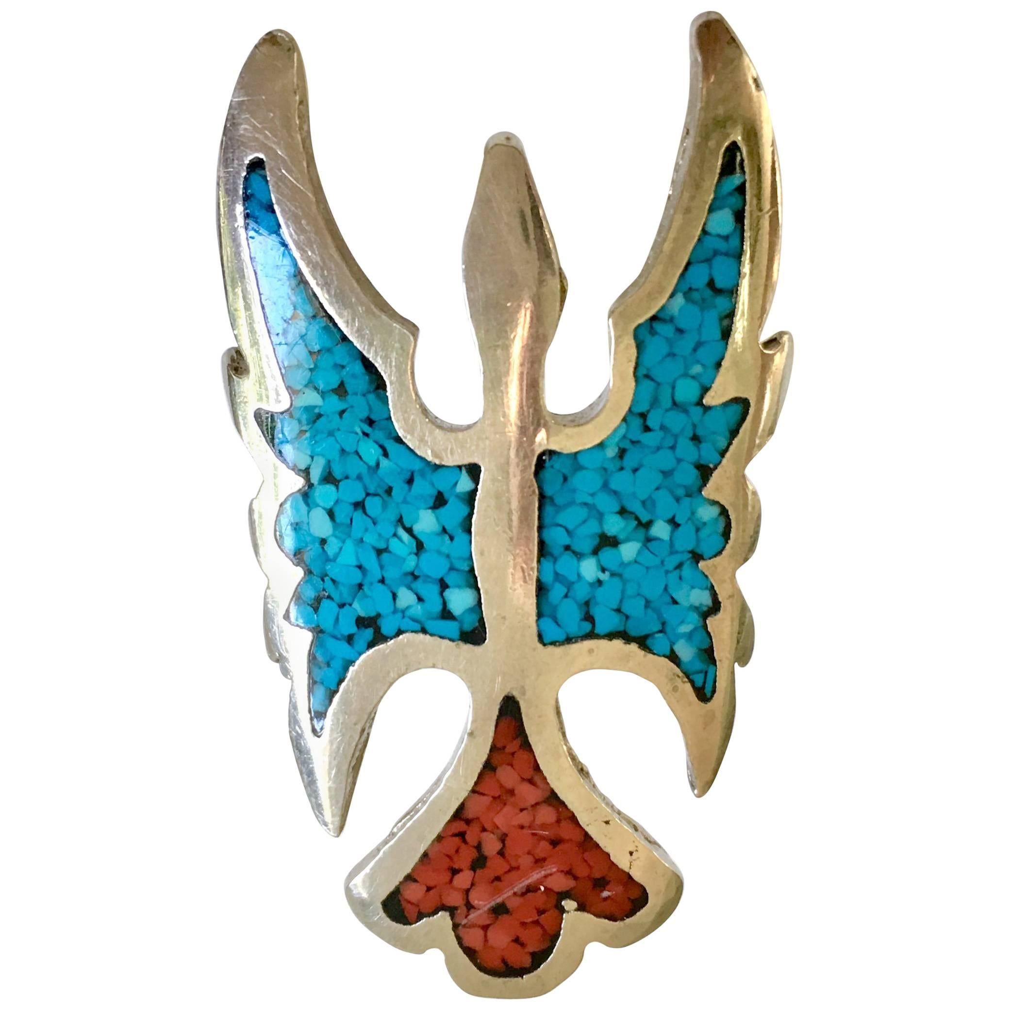Vintage Sterling Turquoise and Coral "Thunderbird" Pointer Ring