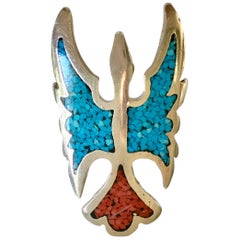Vintage Sterling Turquoise and Coral "Thunderbird" Pointer Ring