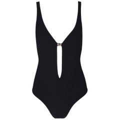 Fendi 1970s Style Plunging Black Swimsuit Bodysuit, 1990s 